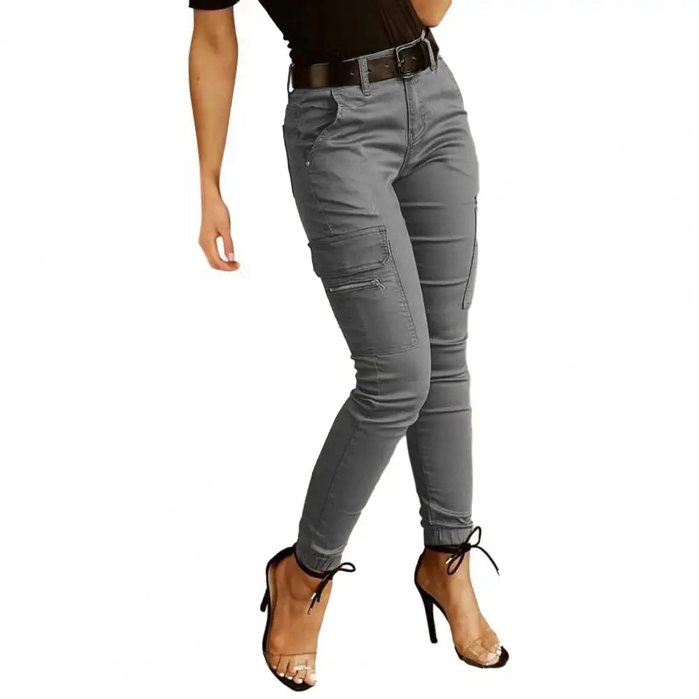 Women's Slim Cargo Pants with Button Fastening and Side Zip Pockets
