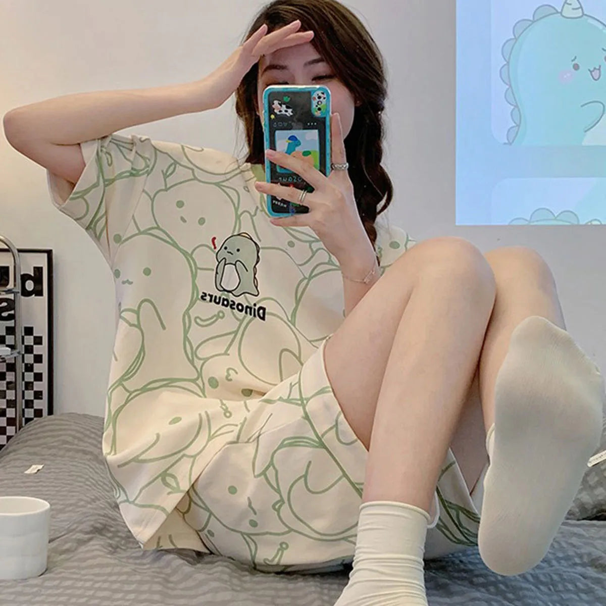 Women's Cartoon Print Short Sleeve Pajama Set with Top and Shorts