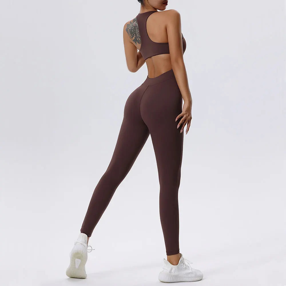Women's Sleeveless Nylon Blend Workout Jumpsuit with Front Zip and Back Cutout