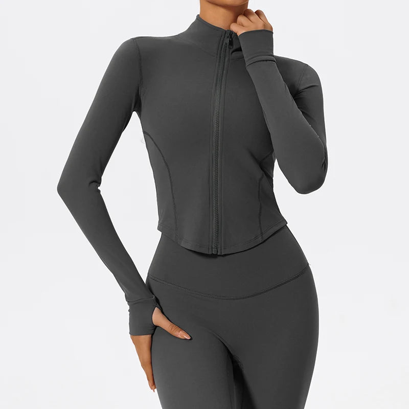 Women's Fitted Long Sleeve Zip Front Jacket For Workout Outfits