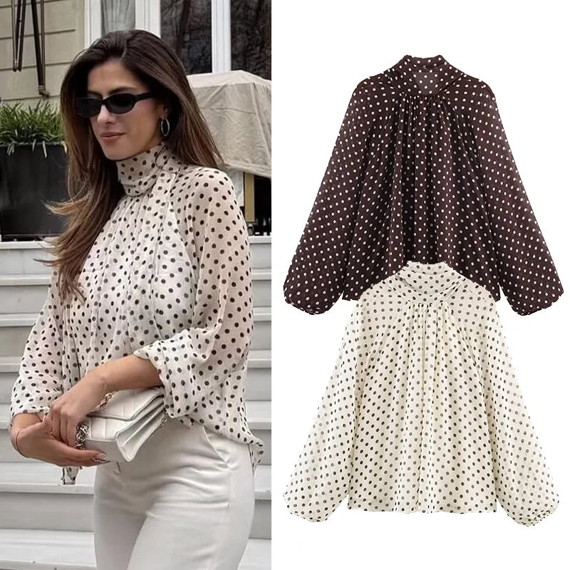 Women's Polyester Polka-Dot Long-Sleeve Regular-Fit Blouse for Everyday Casual and Office Outfits