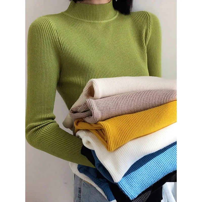 Women's Plain Roll Neck Long Sleeve Sweater Casual Knit Layer