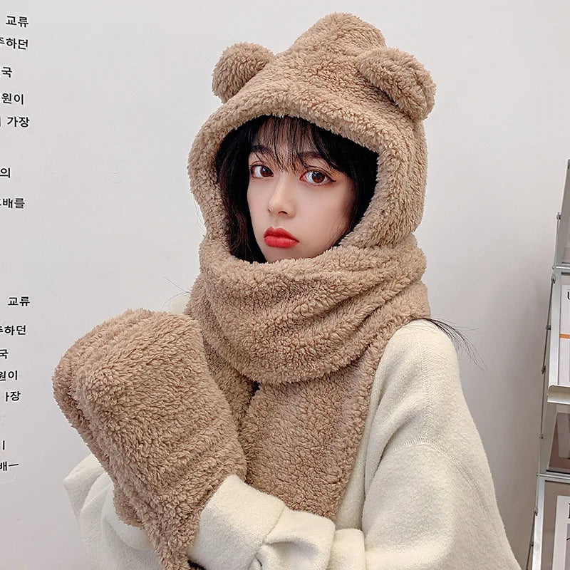 Teddy Bear Plush Hooded Hat Scarf and Gloves Integrated Winter Set