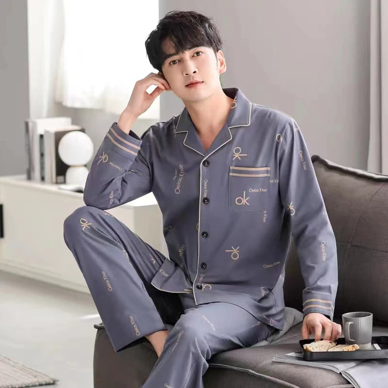 Men's Printed Button Front Long Sleeve Shirt and Pants Pajama Set