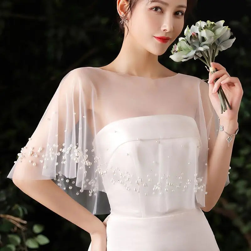 Pearl Beaded Sheer Capelet for Layering over Dresses and Tops