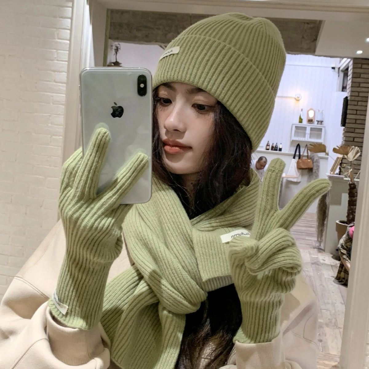 Women's Knitted Hat Scarf and Touchscreen Gloves Set for Winter Wear