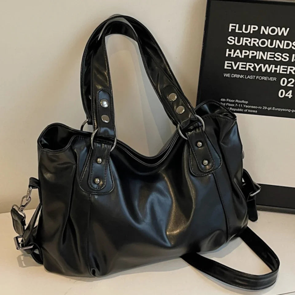 Pleated Shoulder Handbag with Rivet Details and Carry Handles