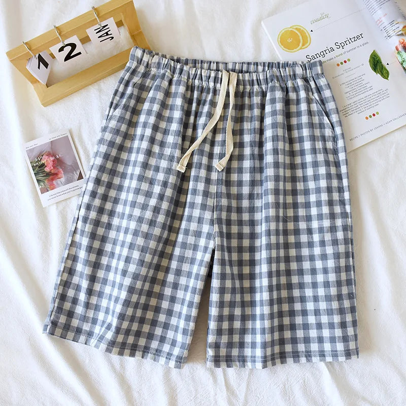 Men's Plaid Drawstring Sleep Shorts for Home Wear