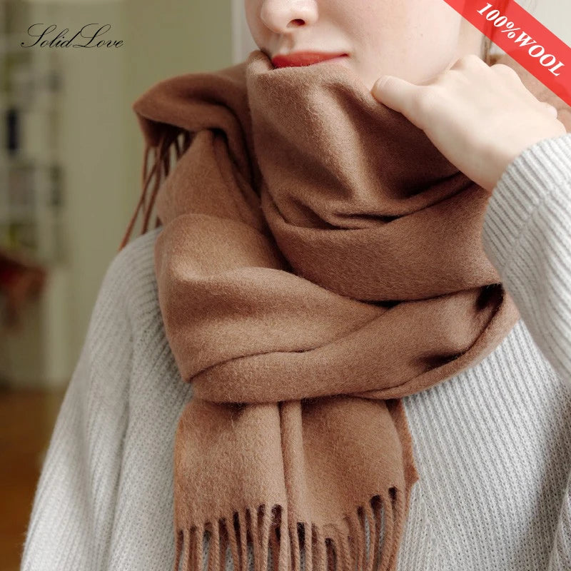 Solid Long Wool Scarf with Decorative Fringed Ends
