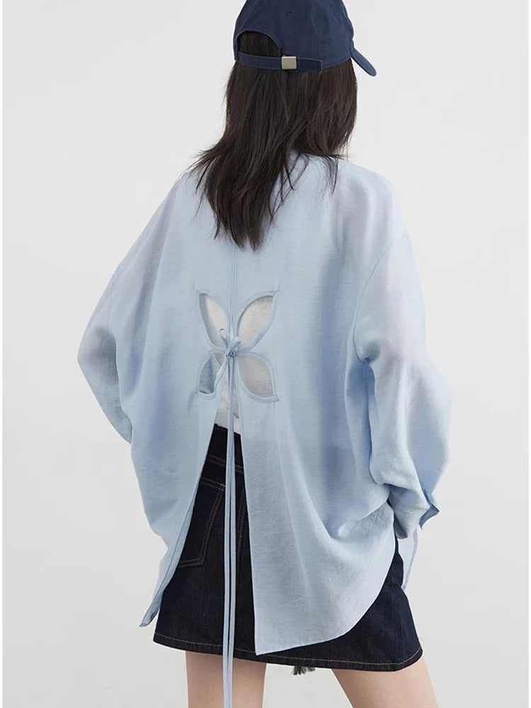 Women's Loose Shirt with Flower Cutout Tie Back