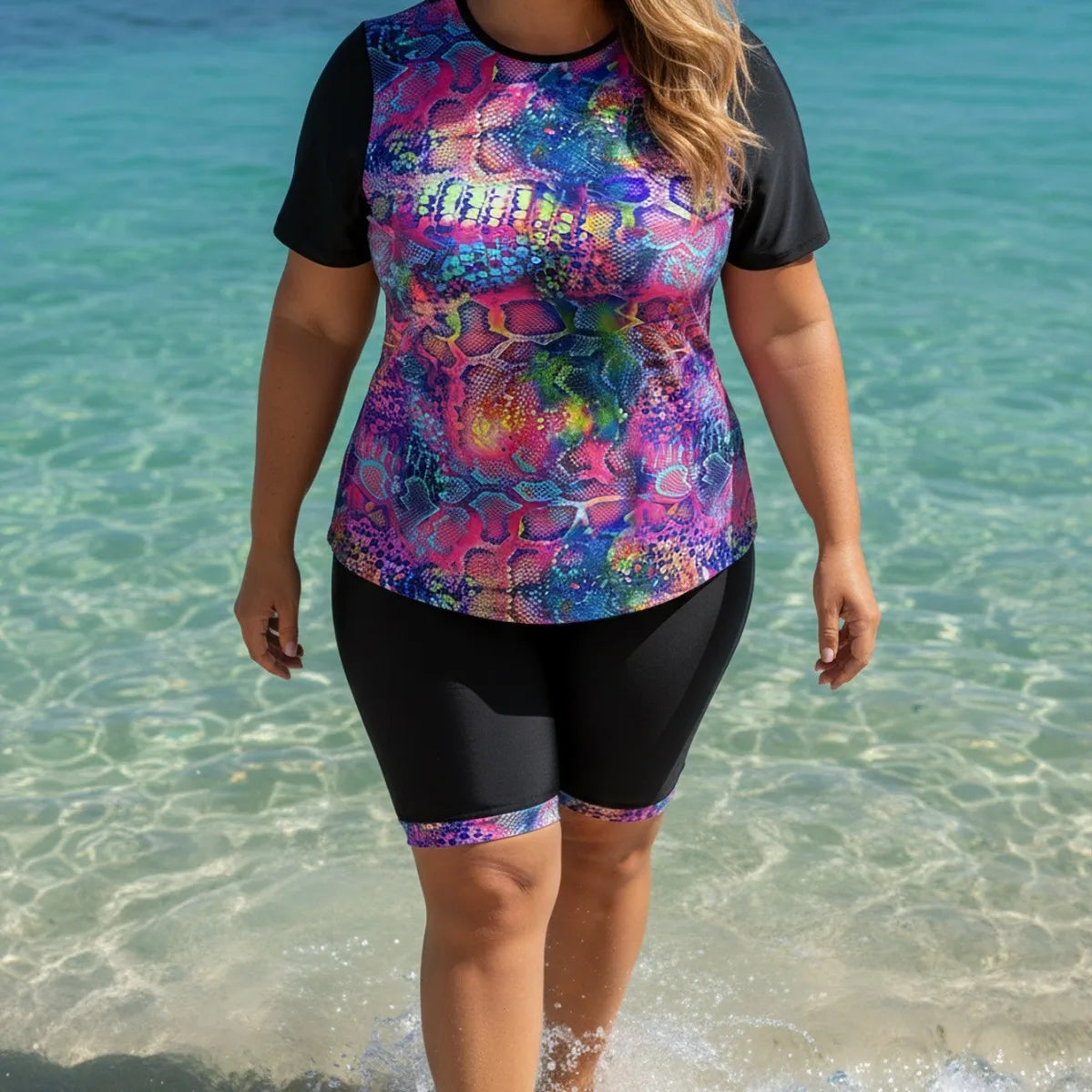 Women's Printed Short Sleeve Swim Top and Long Shorts Set