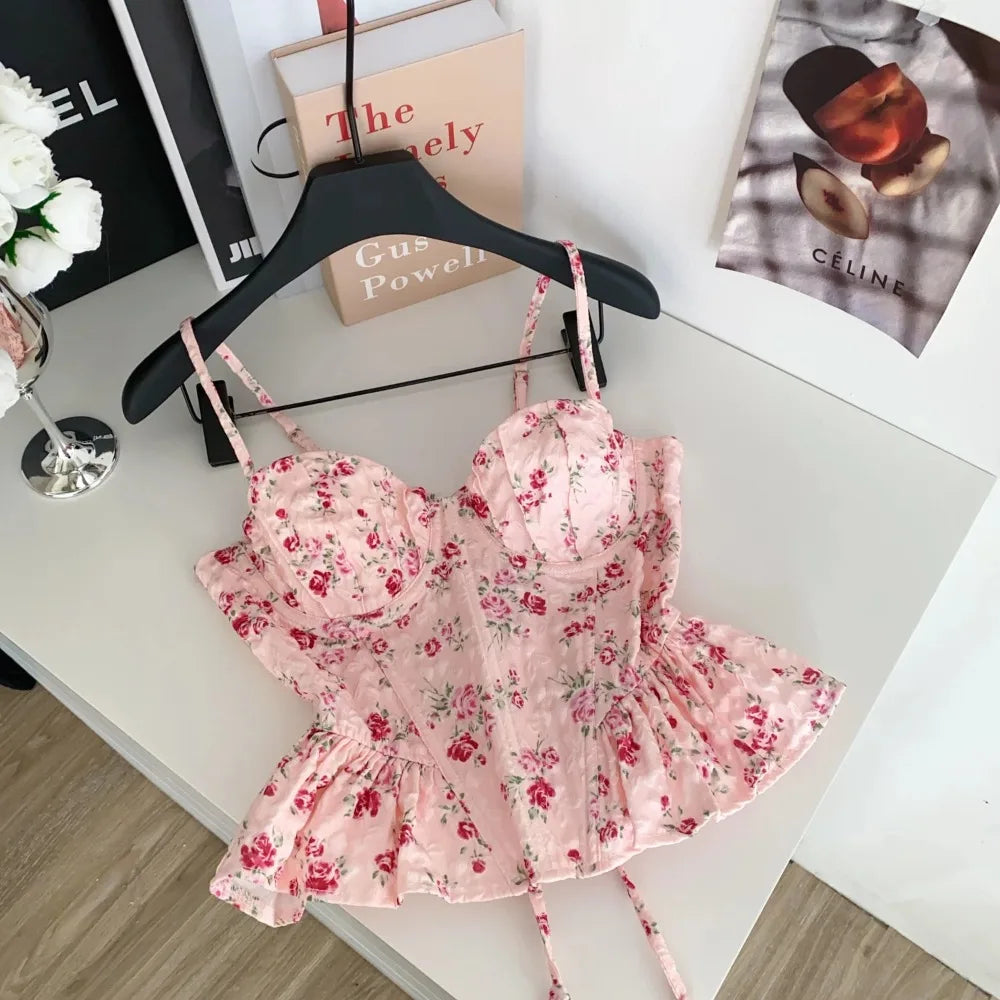 Women's Floral Print Crop Top with Ruffle Details and Cropped Length