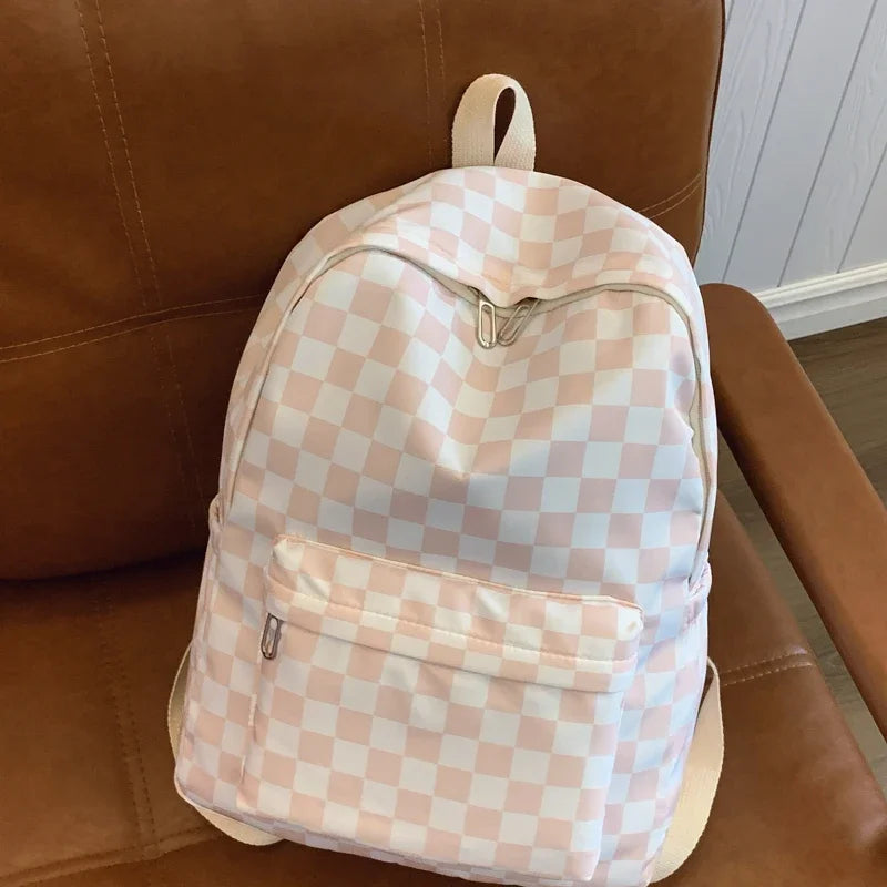 Women's Checkerboard Print Backpack with Front Pocket and Adjustable Shoulder Straps