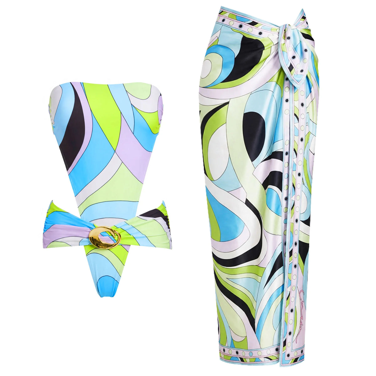 Printed Long Sleeve Swimsuit with Matching Skirt