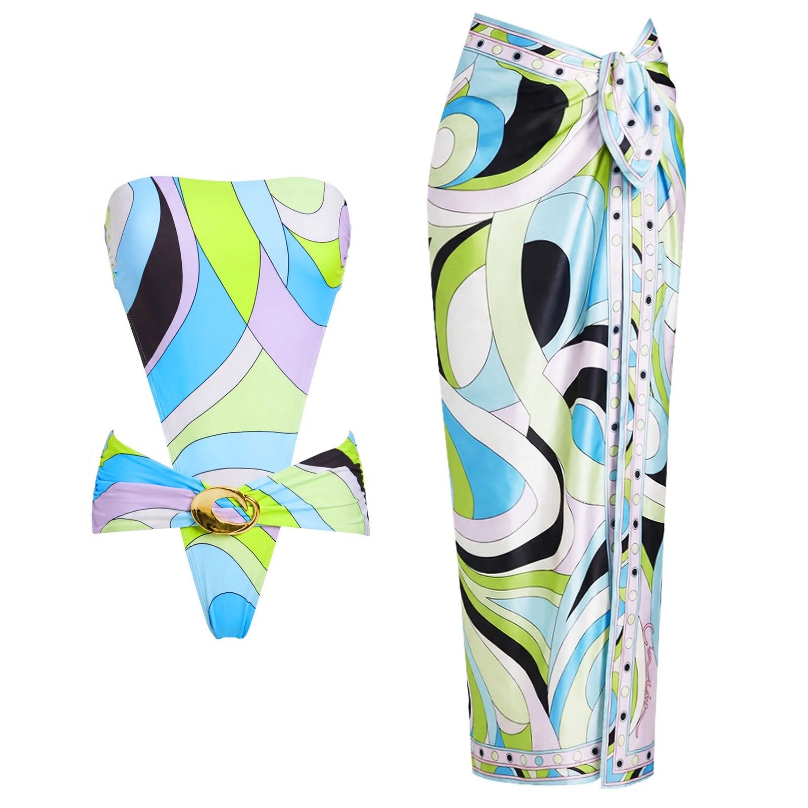 Printed Long Sleeve Swimsuit with Matching Skirt