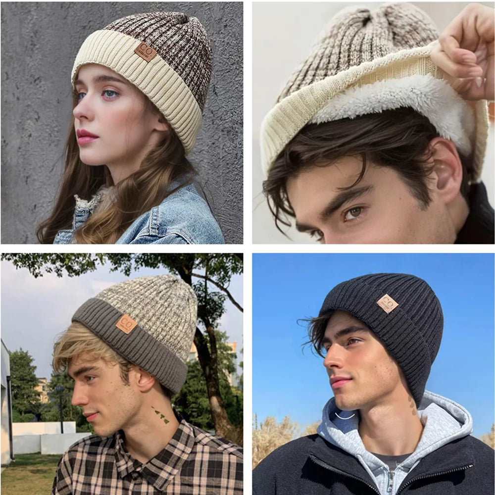 Unisex Knitted Beanie with Ribbed Cuff and Plush Inner Lining