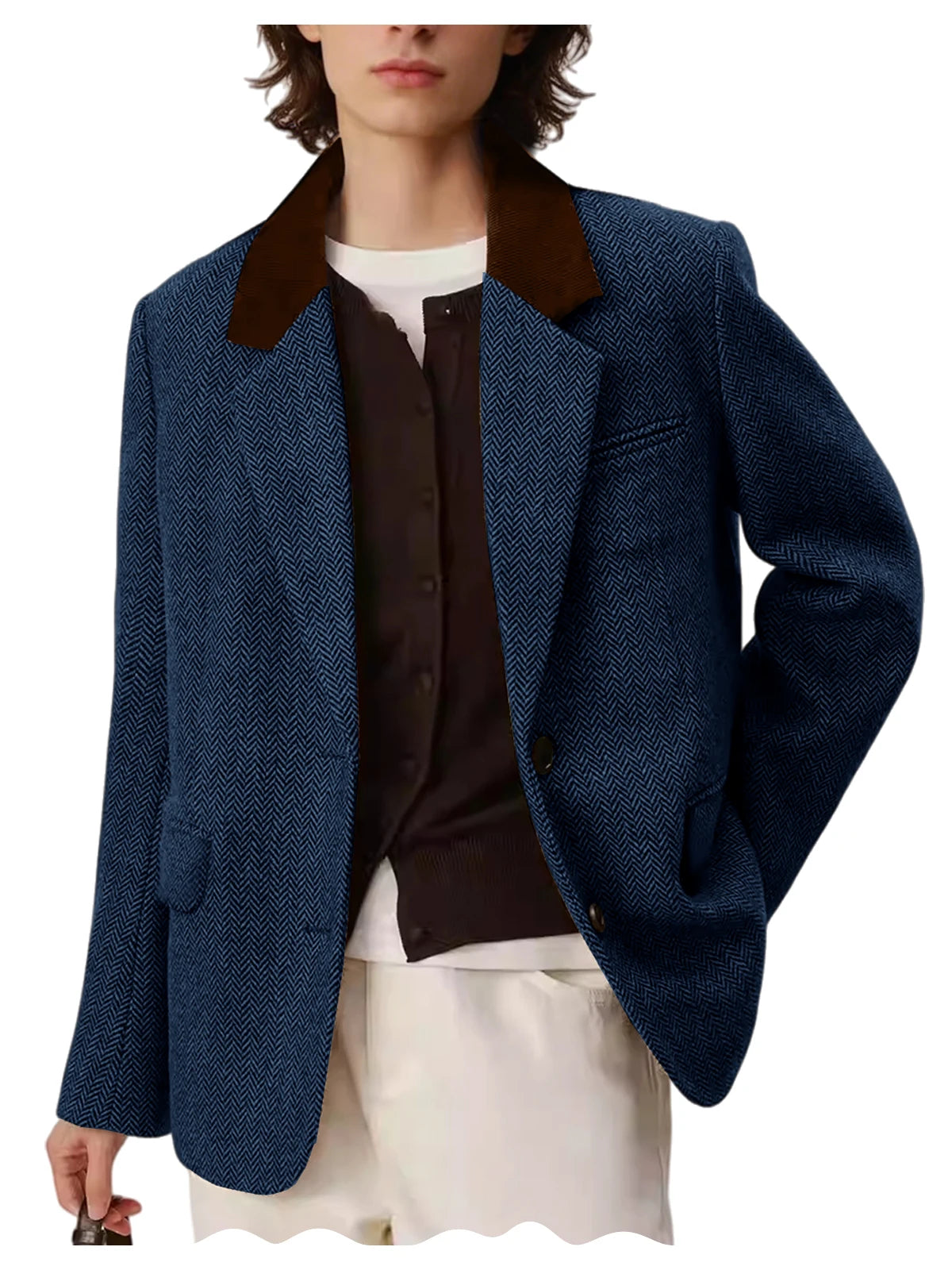 Men's Herringbone Two-Button Notch-Lapel Blazer with Contrast Collar