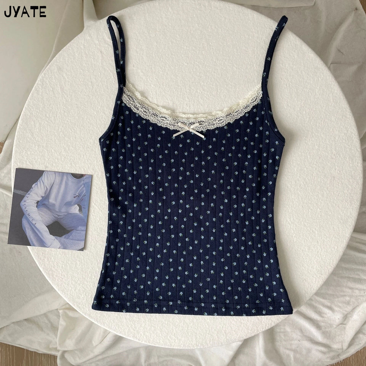 Women's Lace Trim Cotton Blend Camisole with Bow and Mixed Pattern Options