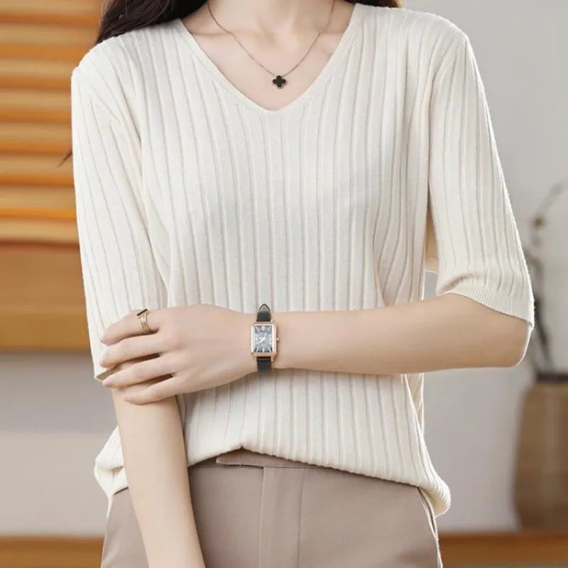 Women's V Neck Short Sleeve Sweater Casual Knit Layer