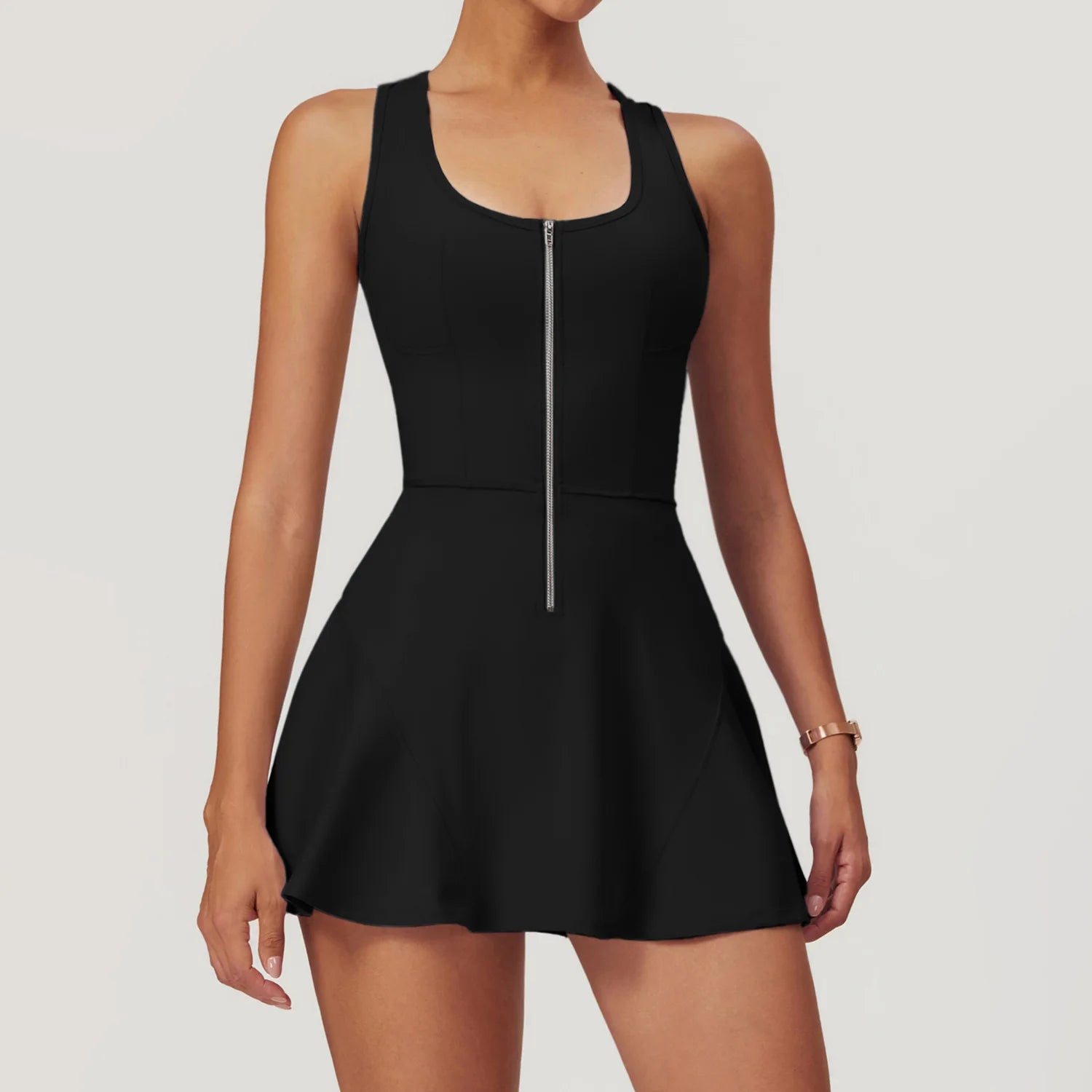 Women's Sleeveless Nylon Blend Athletic Dress with Front Zip and Inner Shorts