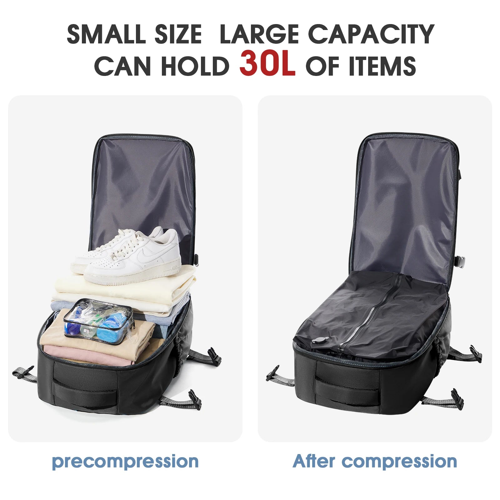 Travel Backpack with Internal Compression Storage and Zippered Compartments