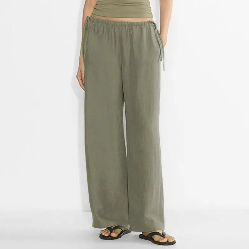 Women's Linen-Viscose Loose Straight-Leg Full-Length Pants with Drawstring Waist and Side Pockets