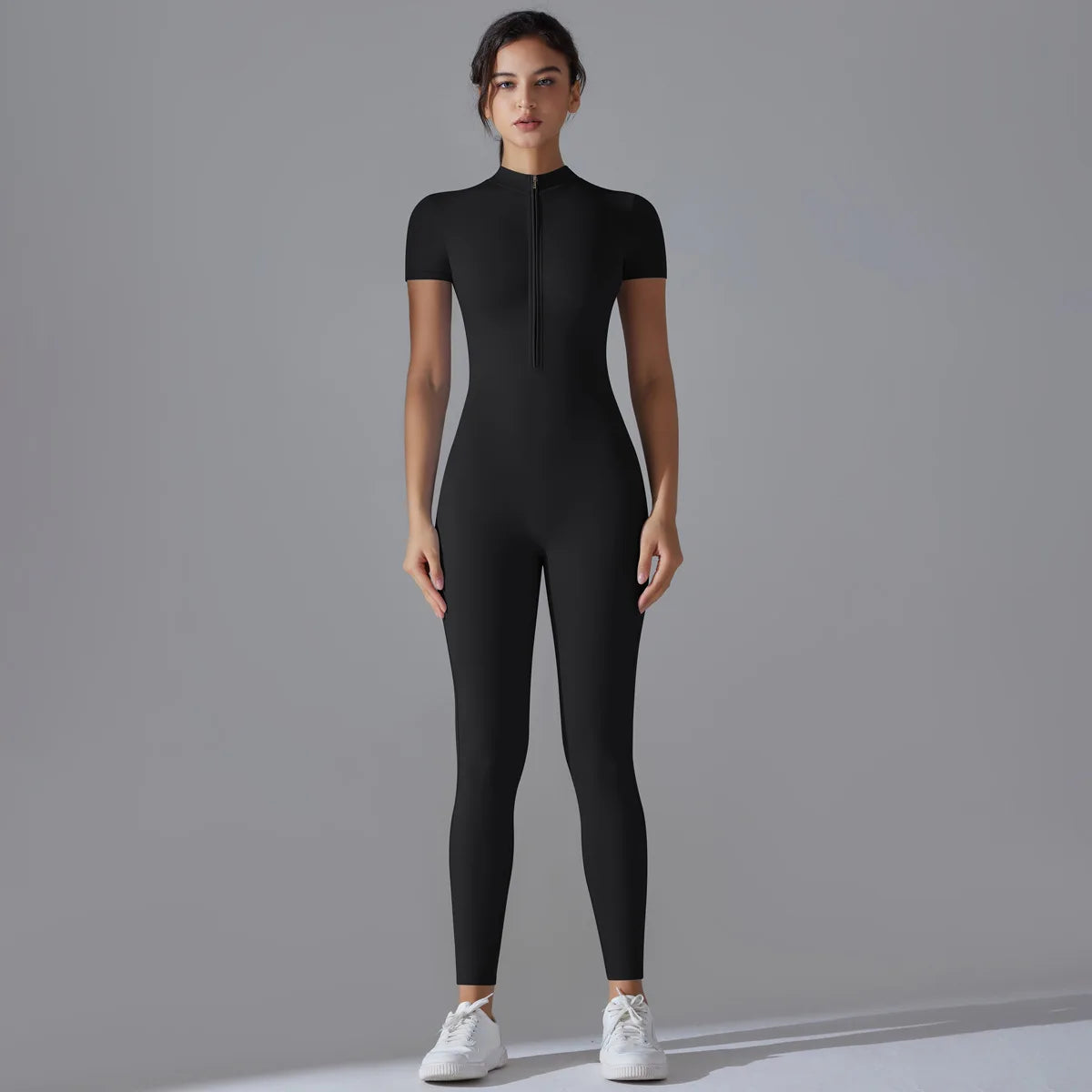 Women's Zip-Front Short-Sleeve Workout Jumpsuit