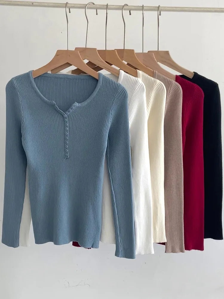 Women's V Neck Short Button Placket Sweater Casual Knit Layer