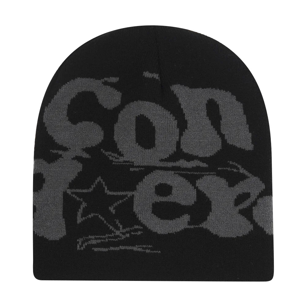 Graphic Knit Beanie with Letter and Pattern Style Options