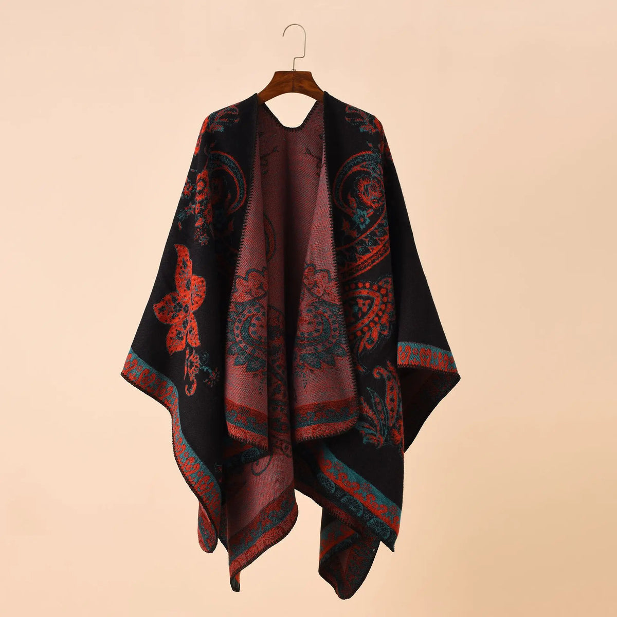 Paisley Border Open Front Poncho for Layering over Outfits