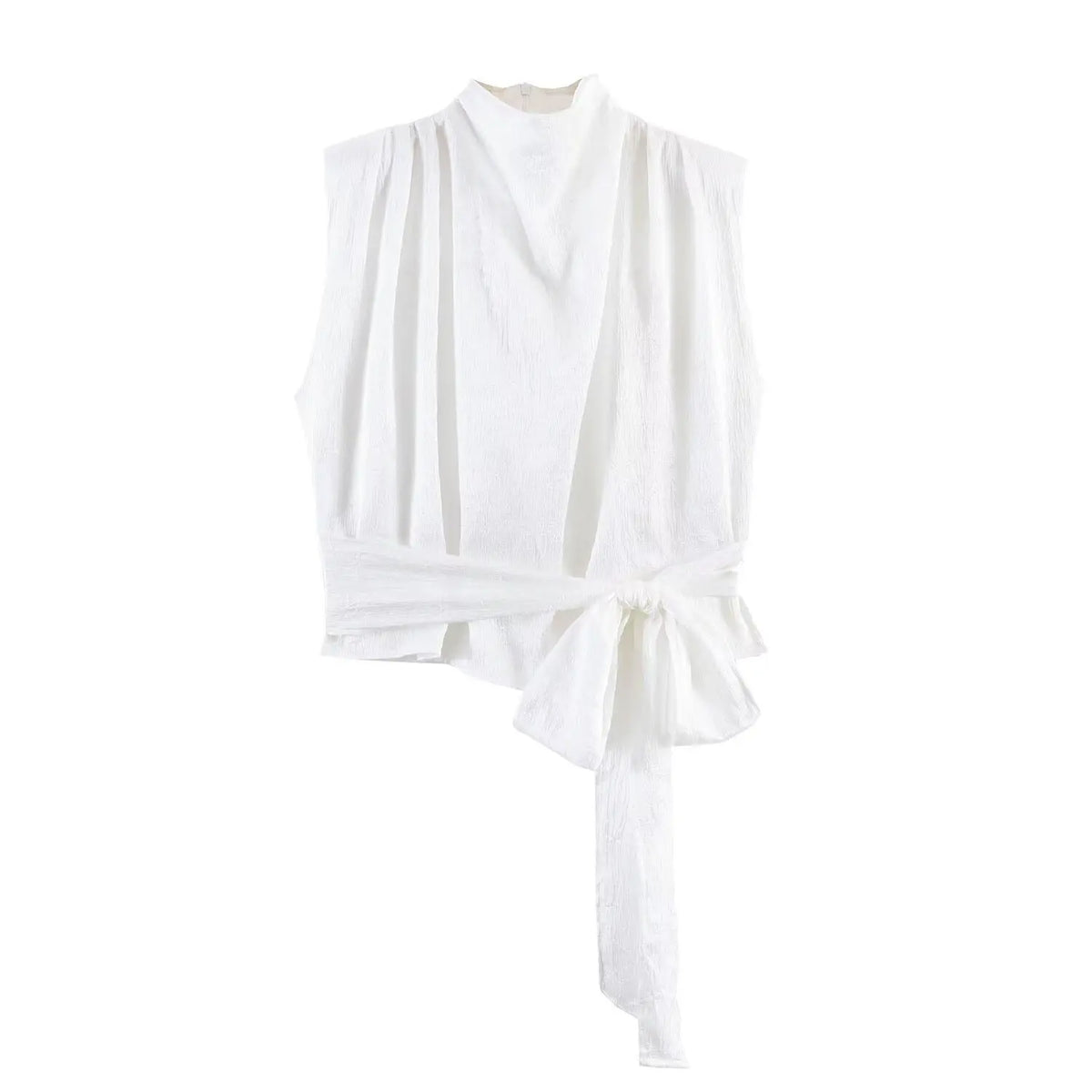 Women's Sleeveless Blouse with a Draped Neckline and Long Ribbon Ties
