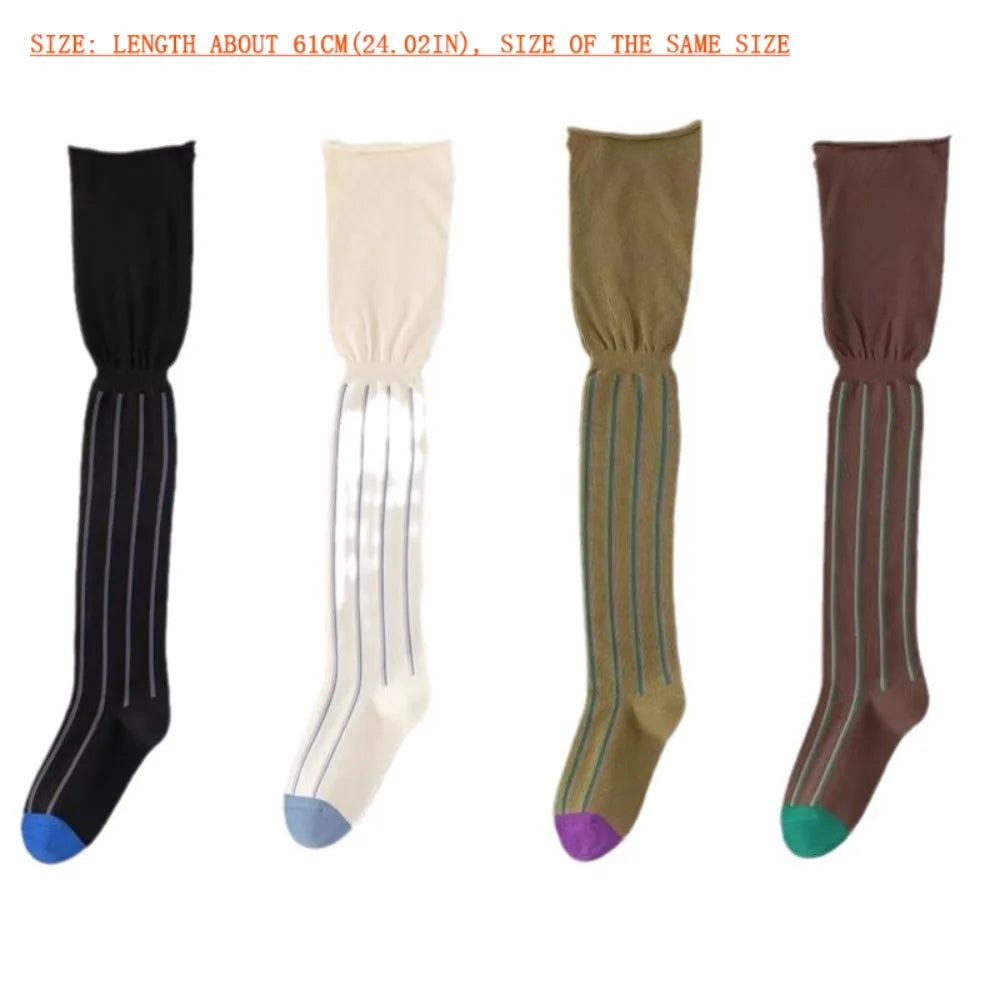 Vertical Stripe Thigh High Socks with Contrasting Toe Colors