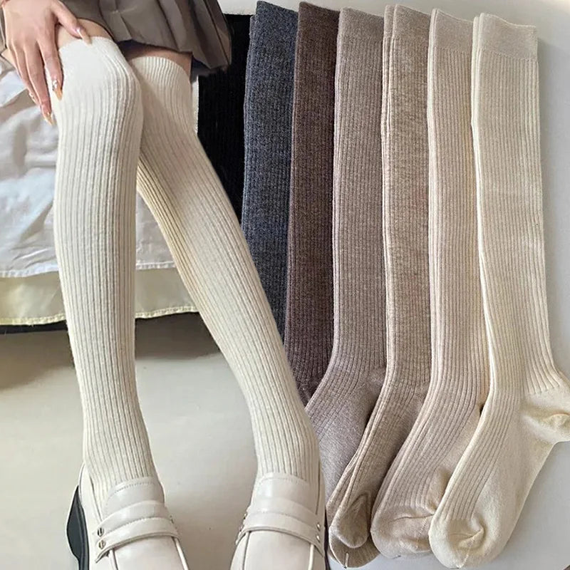 Solid Ribbed Thigh High Socks with Long Footed Shape