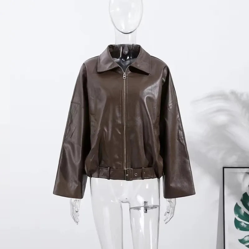 Women's Faux-Leather Lapel Zip-Front Jacket