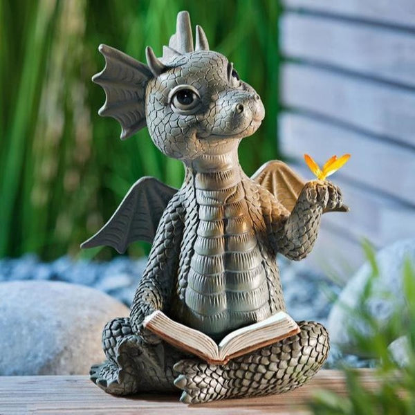 Cute Little Dragon Dinosaur Meditation Reading Book Sculpture Figure Garden Home Decoration Resin Ornament Outdoor Decor