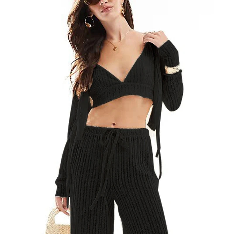 Women's Linen-Polyester Two-Piece Lounge Set with Long-Sleeve Button-Front Top and Elastic-Waist Pants