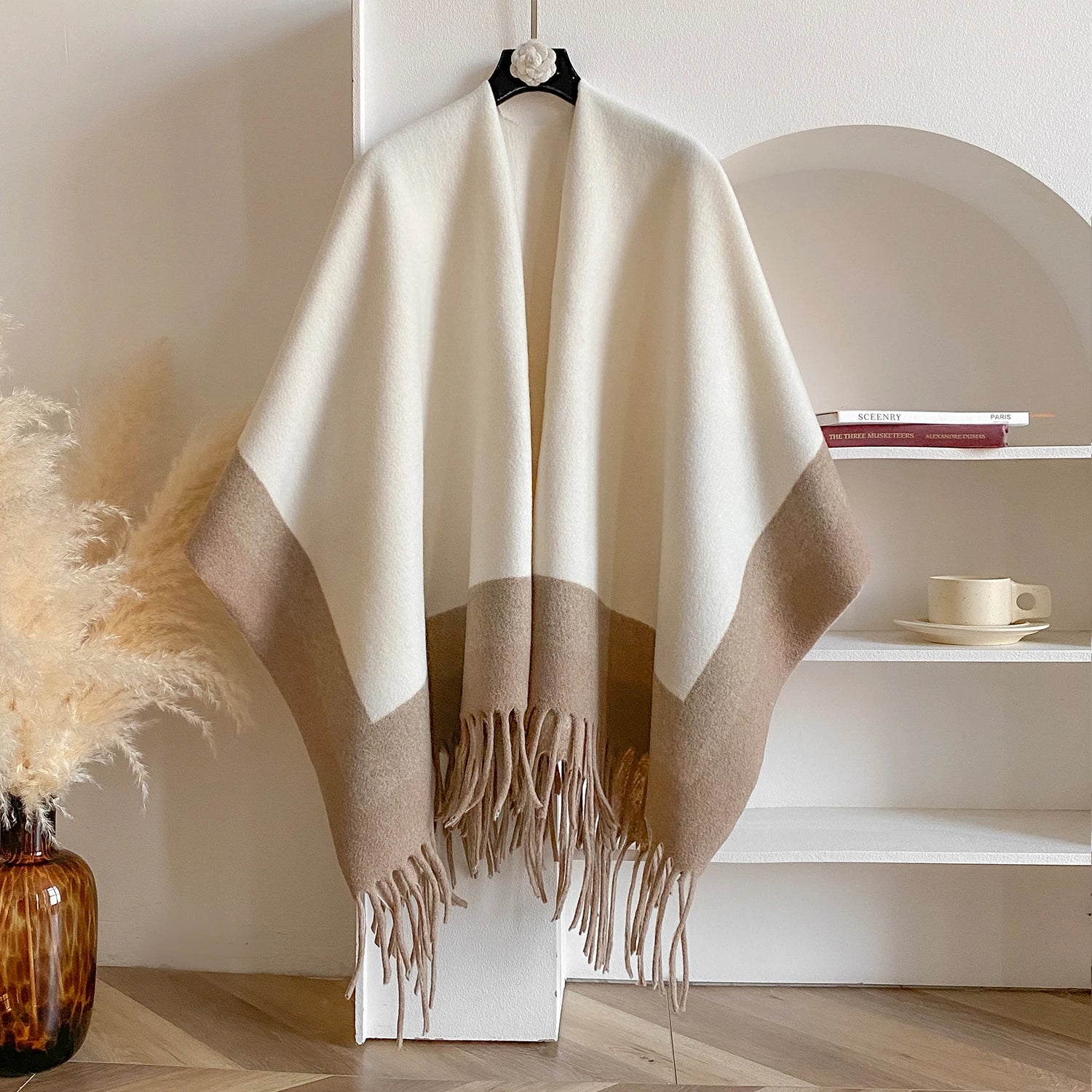 Block Stripe Fringe Poncho for Layering over Outfits