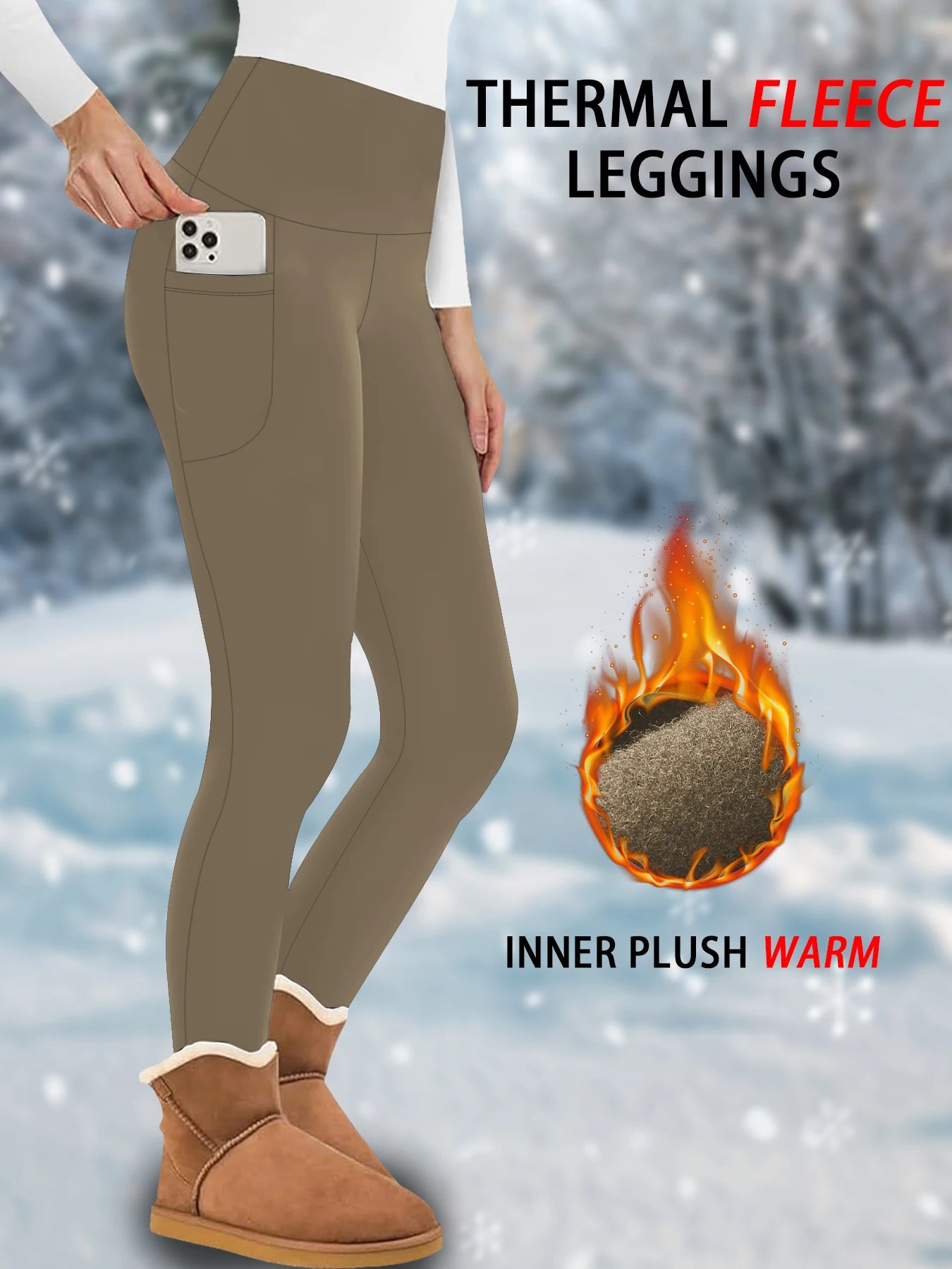 Women's Fleece Lined Side Pocket Full Length Leggings