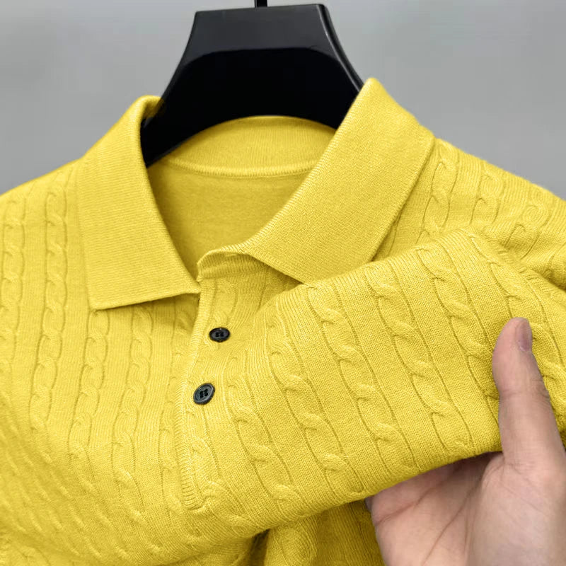 Men's Cable Knit Polo Collar Long Sleeve Sweater