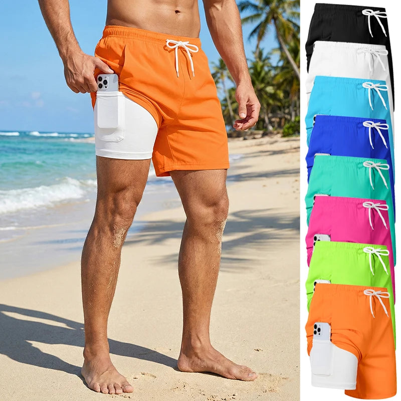 Men's Swim Shorts with Compression Liner and Phone Pocket for Beach and Pool Wear