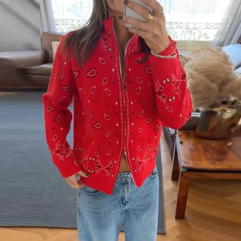 Women's Patterned Zip And Button Front Cardigan Casual Knit Layer
