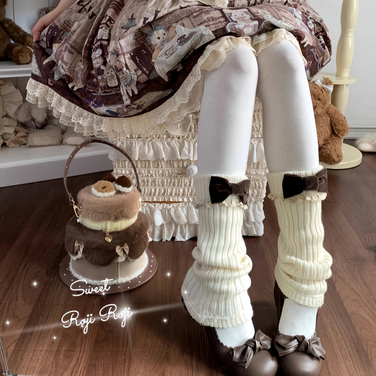 Ribbed Leg Warmers with Decorative Lace and Bow Trim