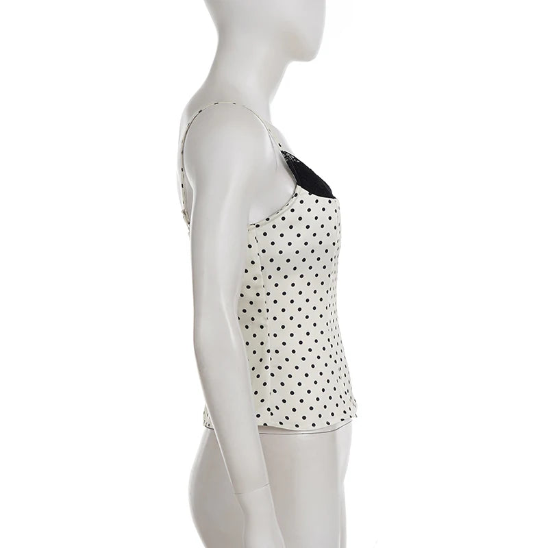 Women's Polka Dot Camisole with a Lace Panel and Thin Straps