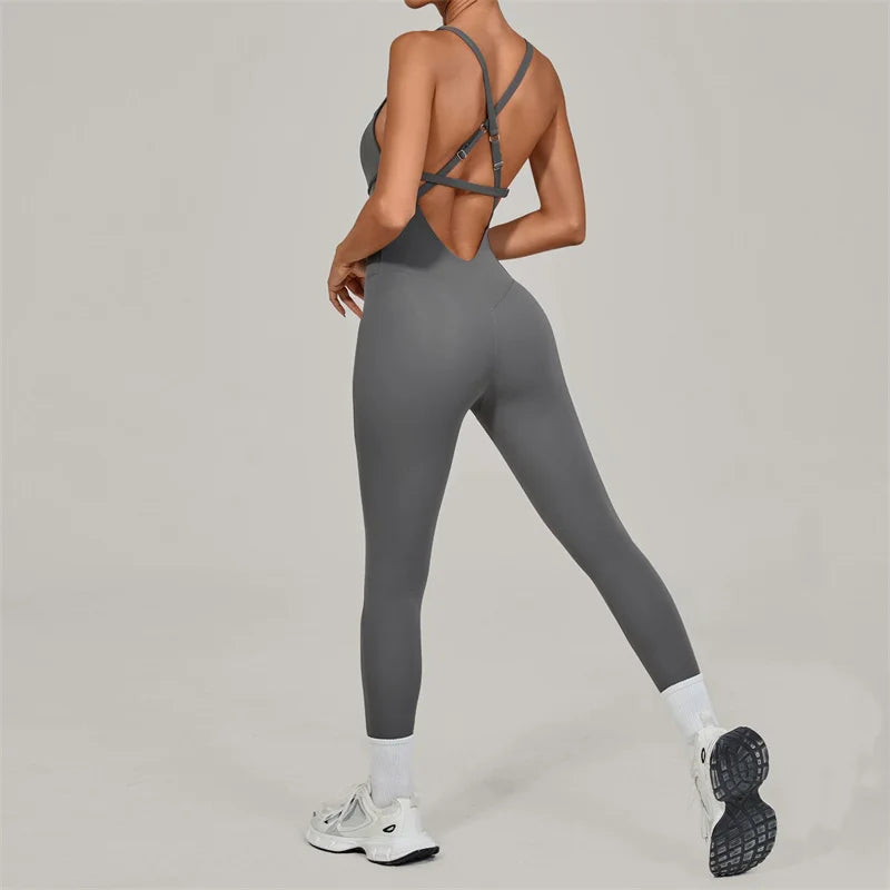 Women's Thin Strap Nylon Blend Workout Jumpsuit with Crisscross Back