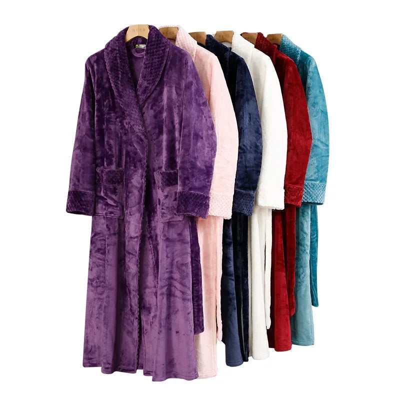 Long Flannel Fleece Tie Waist Bathrobe with Pockets