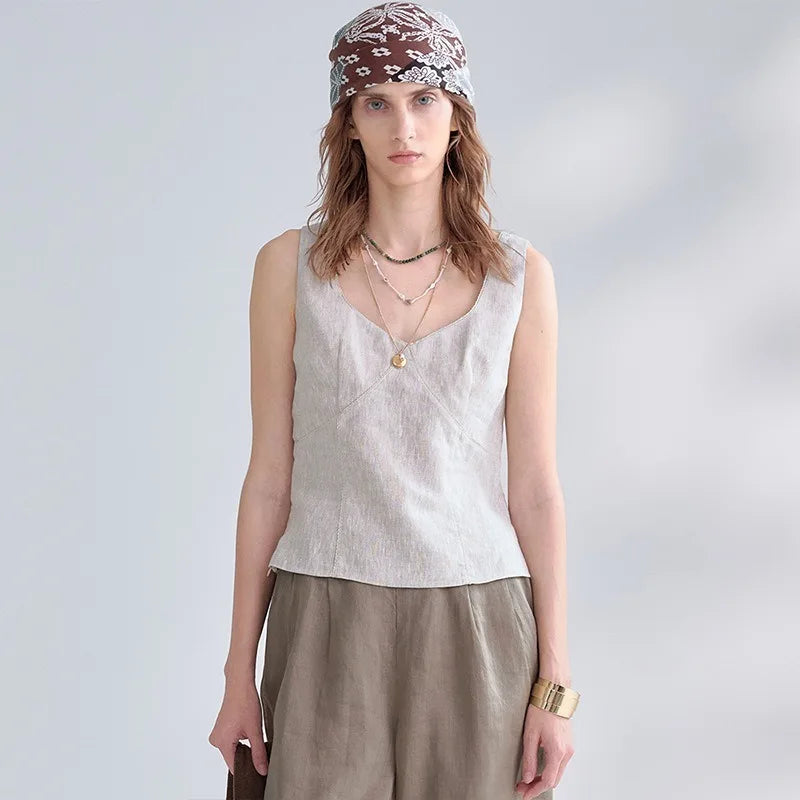 Women's Linen Sleeveless V-Neck Cropped Tank Top with Zipper Detail for Summer