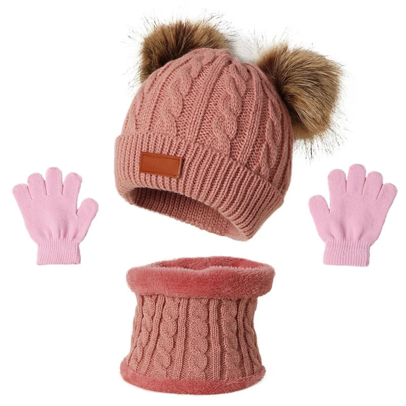 Children's Pom-Pom Hat Scarf and Gloves Knitted Set for Winter Wear