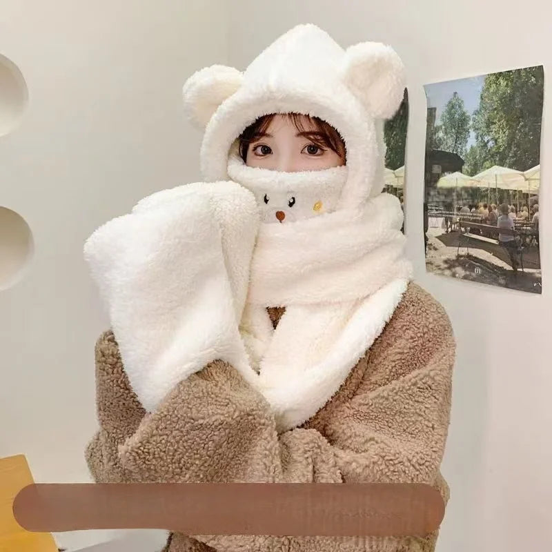 Teddy Bear Plush Hooded Hat Scarf and Gloves Integrated Winter Set