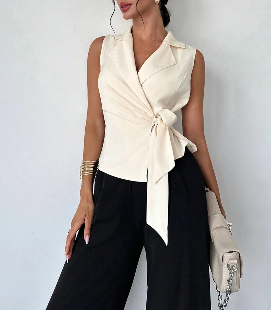 Women's Sleeveless Wrap Blouse with Waist Tie