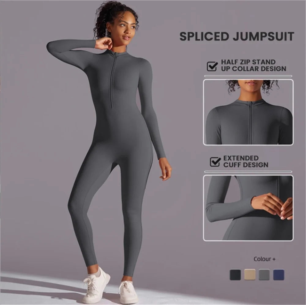 Women's Long Sleeve Nylon Blend Workout Jumpsuit with Half Zip Collar